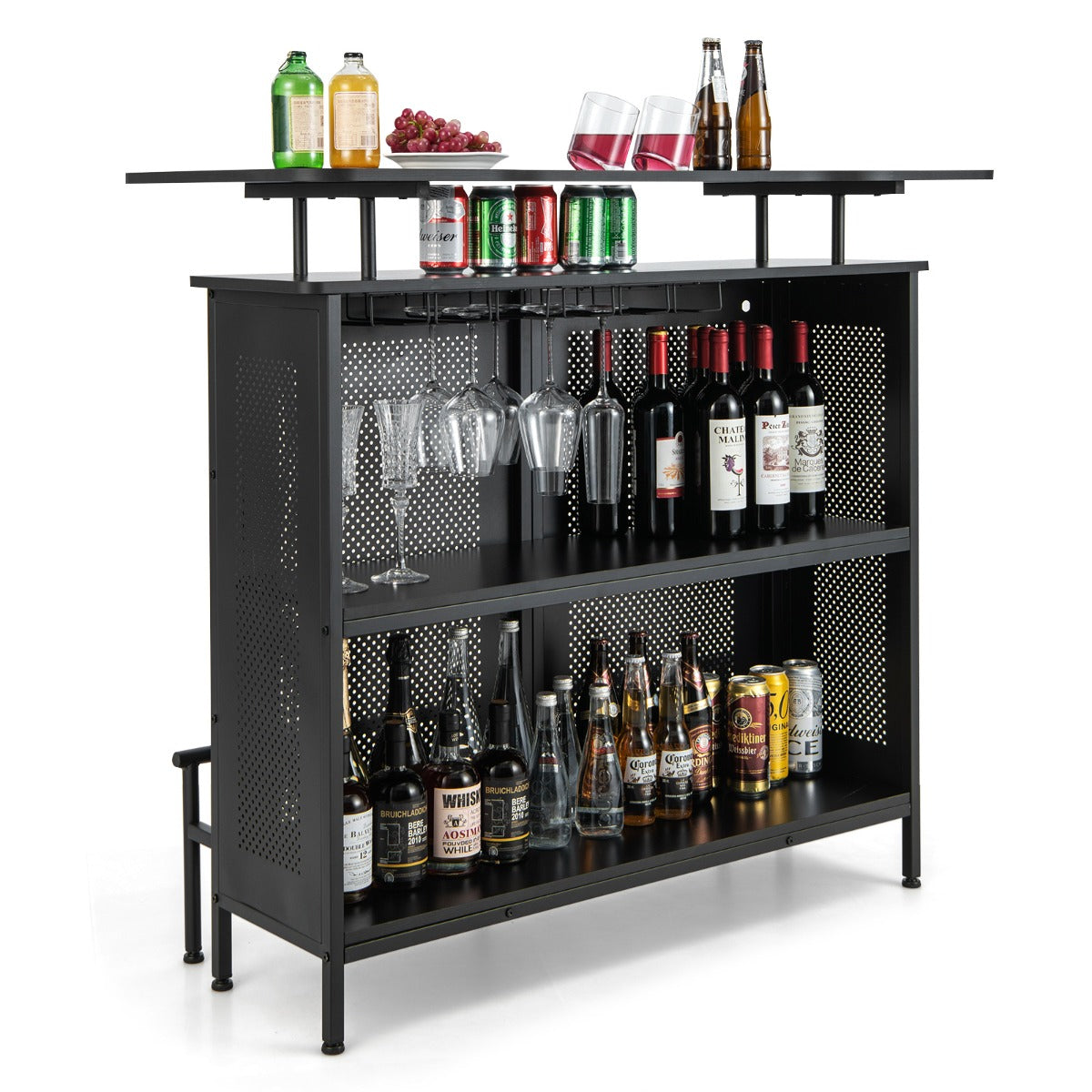 Köksbarbord – med vinställ och glashållare justerbara fötter – 2 6 120 x 50 x 106,5 cm – Svart