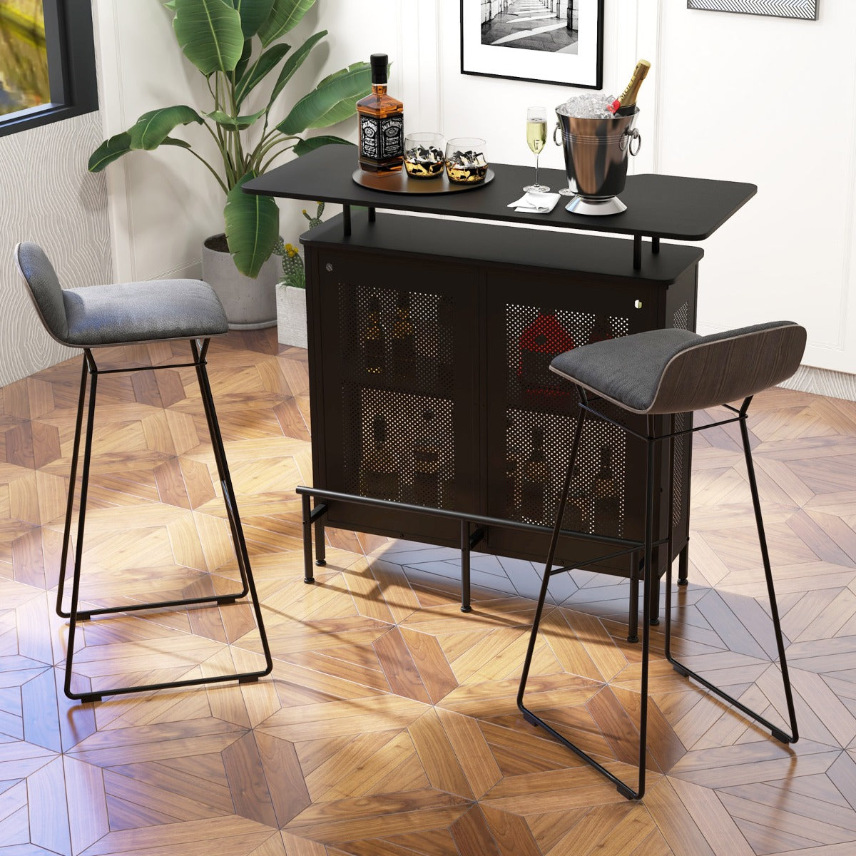 Köksbarbord – med vinställ och glashållare justerbara fötter – 2 6 120 x 50 x 106,5 cm – Svart
