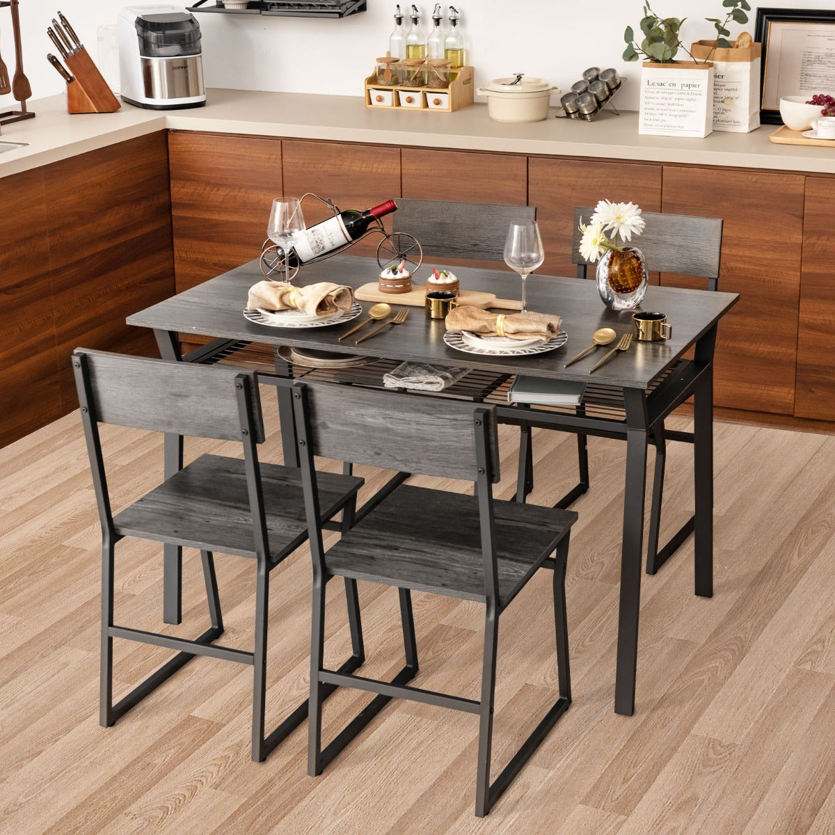 st – Matbordsset Köksbord med stolar och Hylla Industriell matgrupp Sittgrupp – 5 4 – Grå
