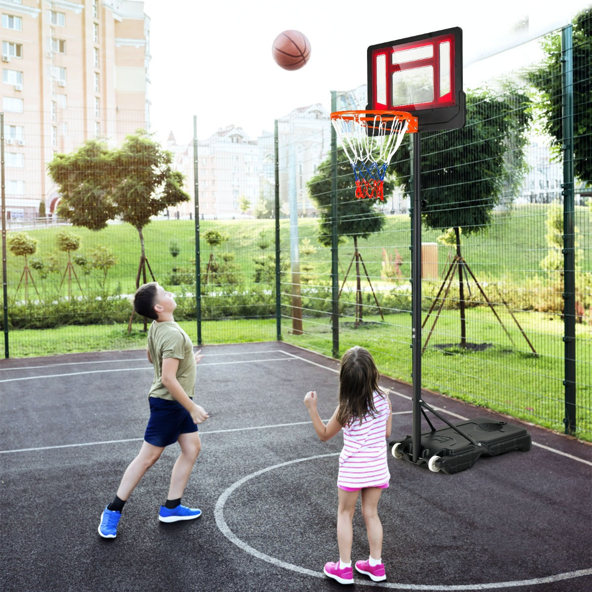 Basketkorg – för barn Väderbeständigt korgställ med justerbar höjd från – 90-210 cm – Röd