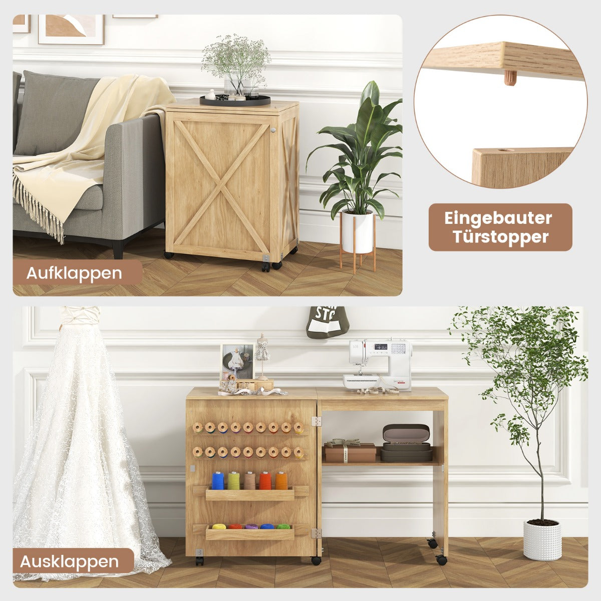 i – syskåp och skrivbord hopfällbart sybord multifunktionell hantverksstation med förvaringsutrymme naturligt – 2 1 – Natur