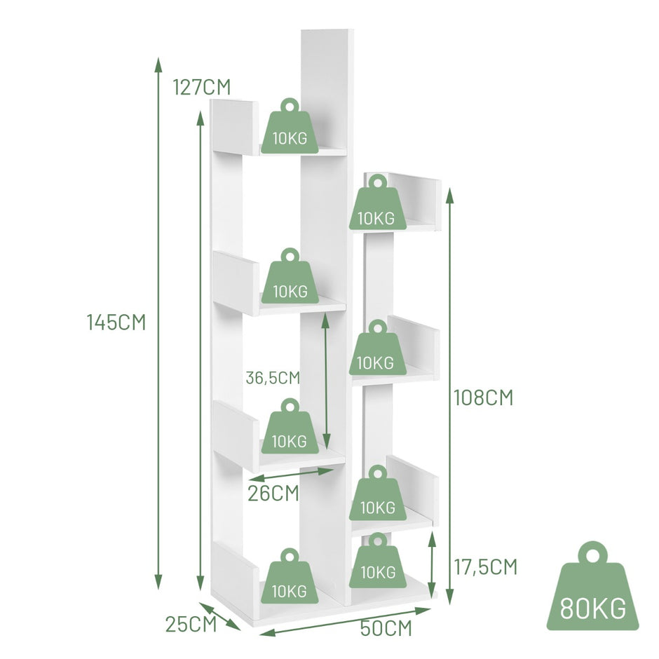 Trädformad – bokhylla med fack, stående förvaringshylla, – 8 50 x 25 x 145 cm – Vit