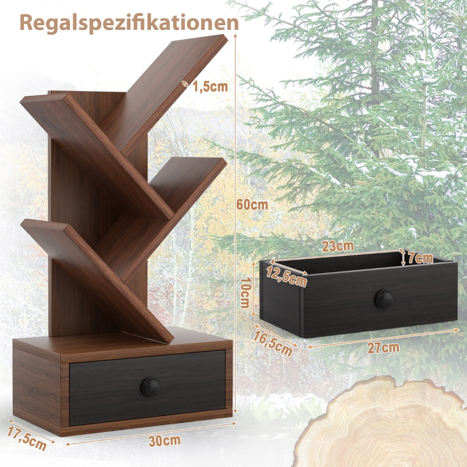 vånings – trädbokhylla med låda för flerfunktionshylla CD och DVD – 5 – Brun