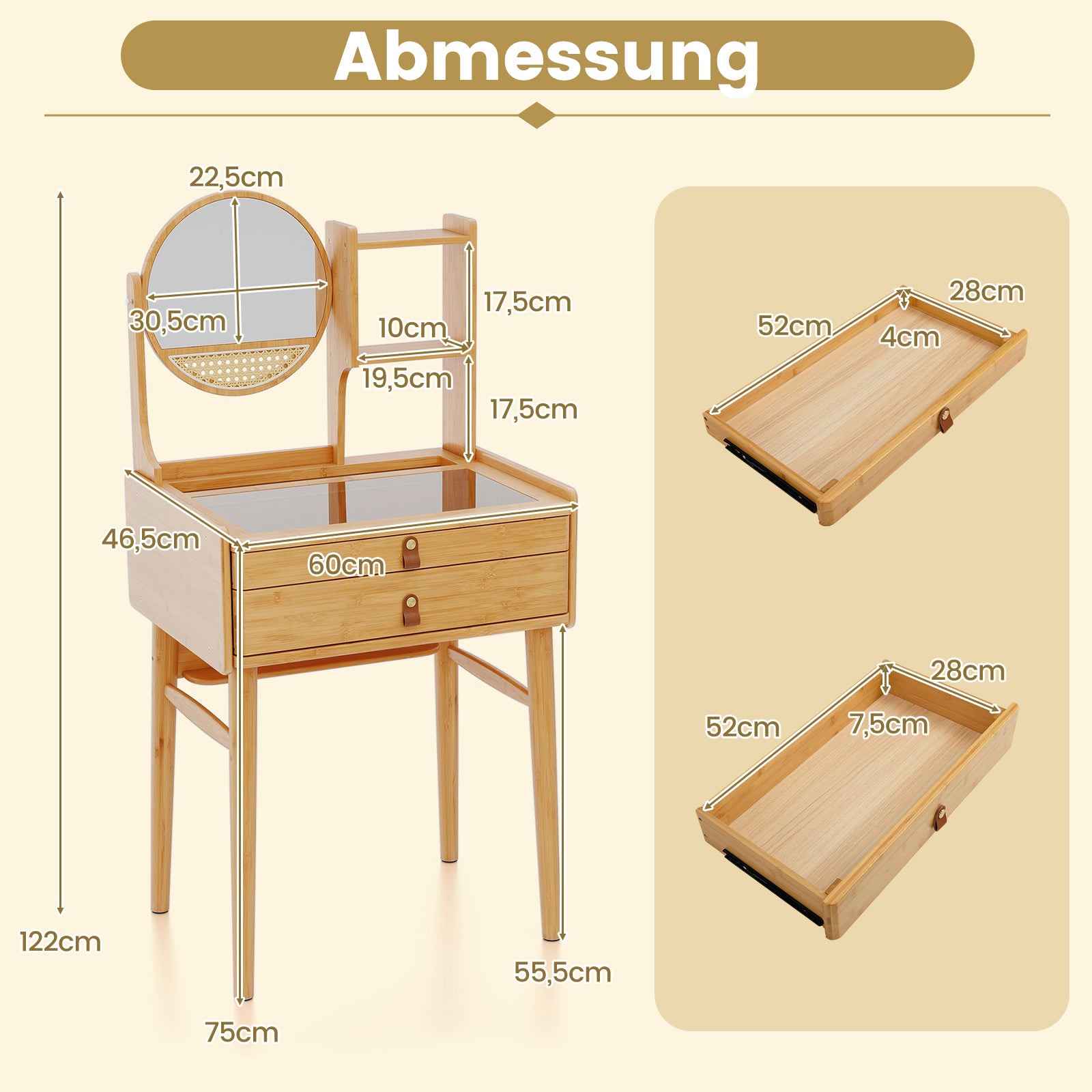 Liten – sminkbord med spegel kompakt frisörbord lådor öppna hyllor – 60 cm 2 – Natur