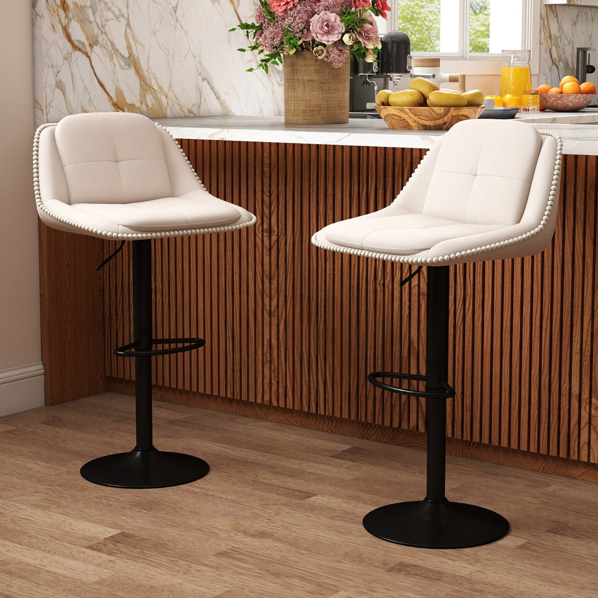 pack – Svängbar Barhöna med Justerbar Höjd och Kuddad Sitt Barstol Köksstol – 2 – Beige