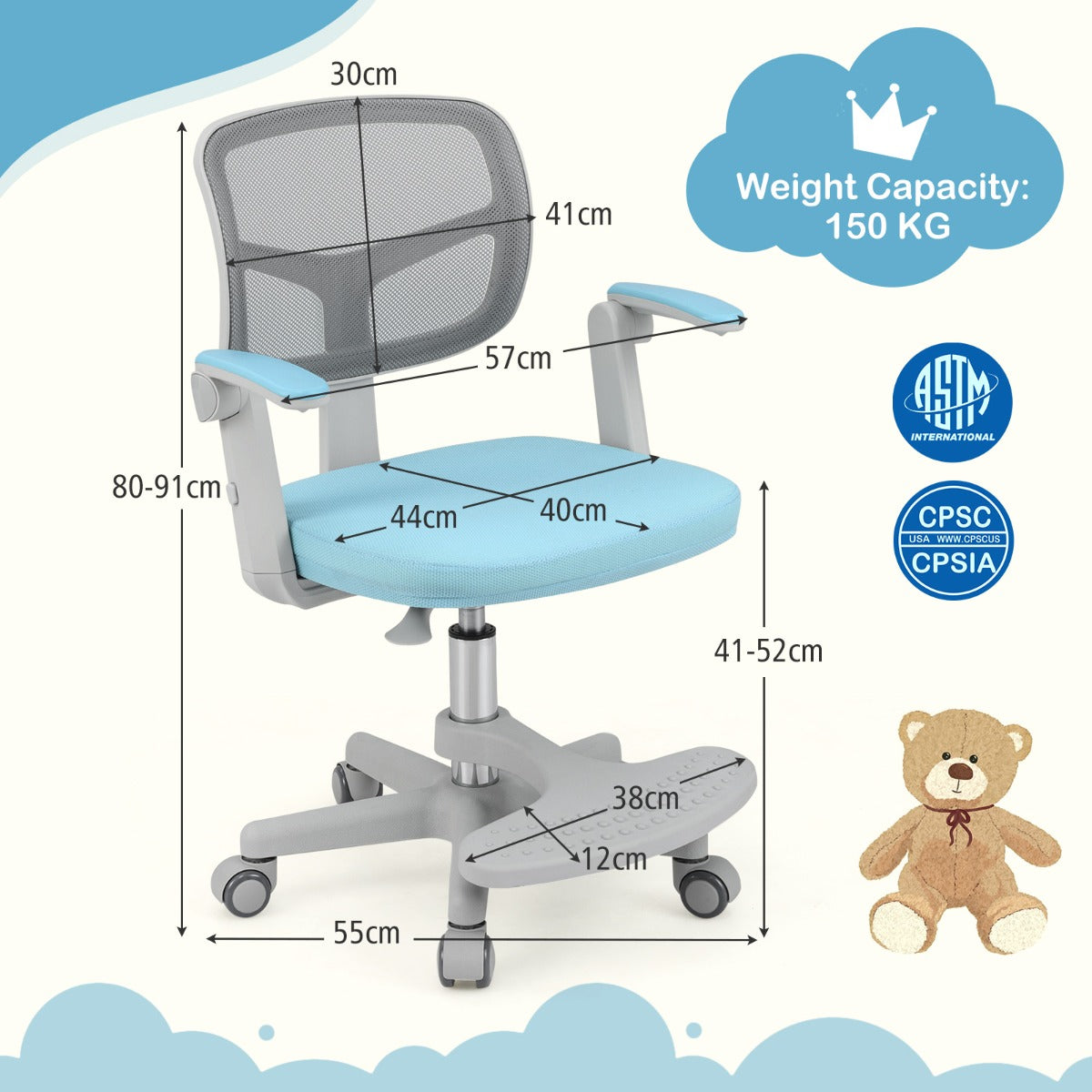 Barnskrivbordsstol – med höj och sänkbar sits Barnroterbar hjul – 41-52 cm – Blå