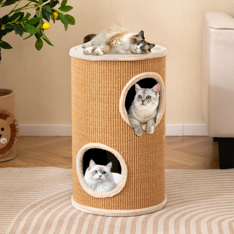 Klösburk – med sisal klösbräda och kattgrottor plyschbädd Kattburk – 3 Ø 36 cm – Beige