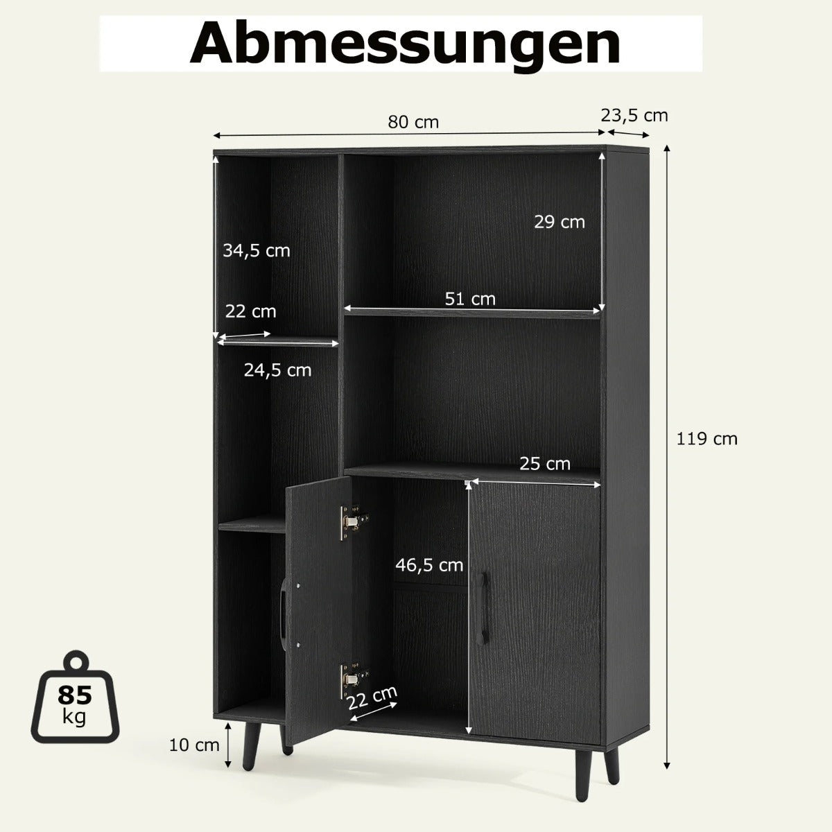 Bokhylla – med dörrar och öppna fack Stående Kontorshylla Sideboard – Svart