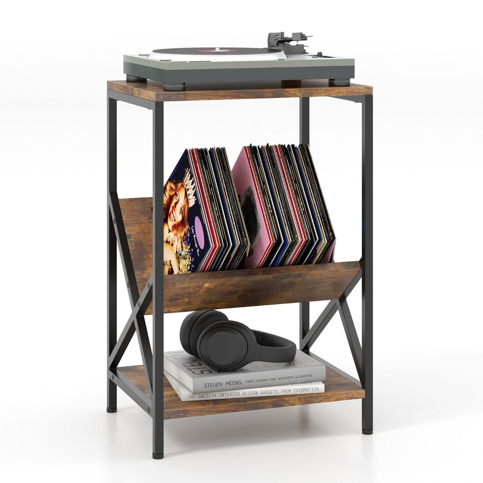 Sidobord – vånings med V formad tidskriftshållare – 3 40 x 30 x 61 cm – Rustik brun