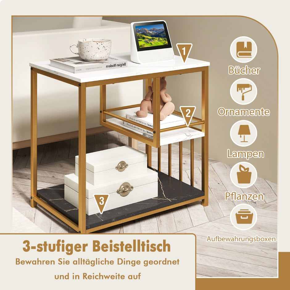Sidobord – marmorlook vånings sängbord med metallram soffbord modernt vardagsrumsbord vitt – 3 – Vit