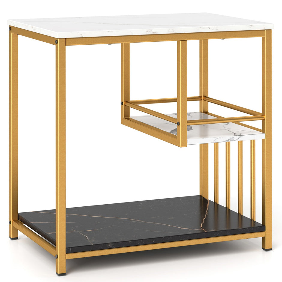 Sidobord – marmorlook vånings sängbord med metallram soffbord modernt vardagsrumsbord vitt – 3 – Vit