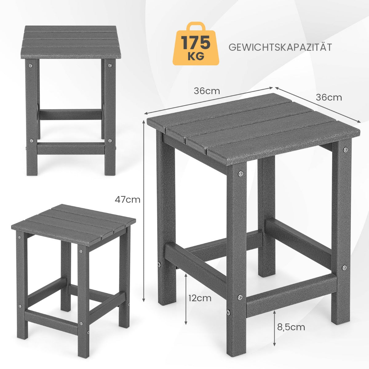 Sidobord – väderbeständigt HDPE Adirondack – 36 x 36 x 47 cm – Grå