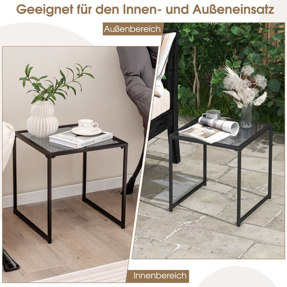 Sidobord – Litet trädgårdsbord Balkongbord med bordsskiva i härdat glas – 43 x 43 x 45 cm – Svart