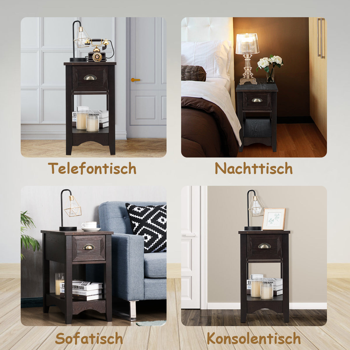 Set – med sidobord låda och hylla vånings soffbord nattduksbord – 2 2 – Valnöt