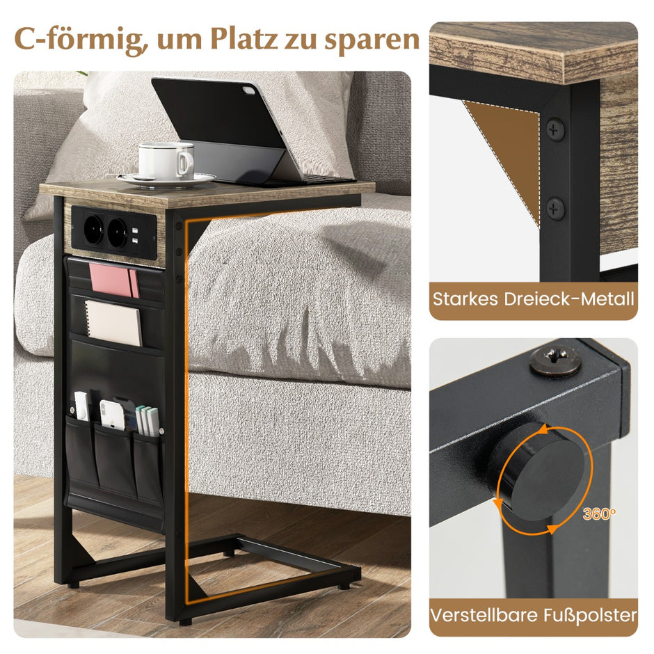 Set – med C formade sidobord laddstation och USB portar sidoficka sängbord – 2 – Rustik brun