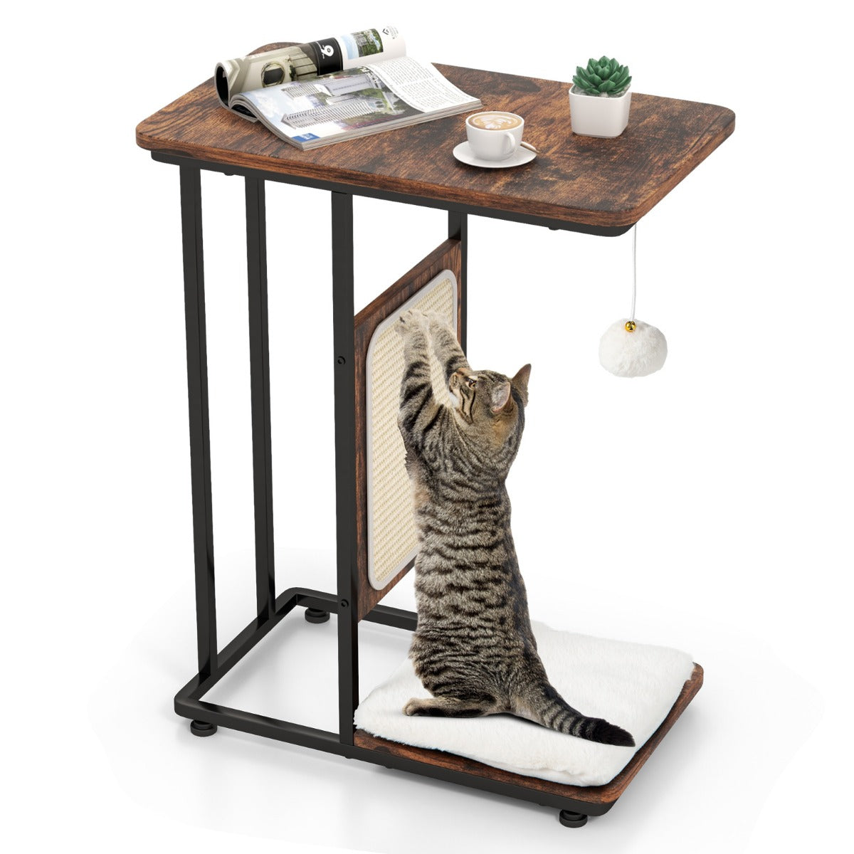 Sidobord – med sisal skrapbräda i kattmöbel kattskrapa avtagbar kudde och boll – 4 1 50 x 30 x 64 cm – Rustik brun