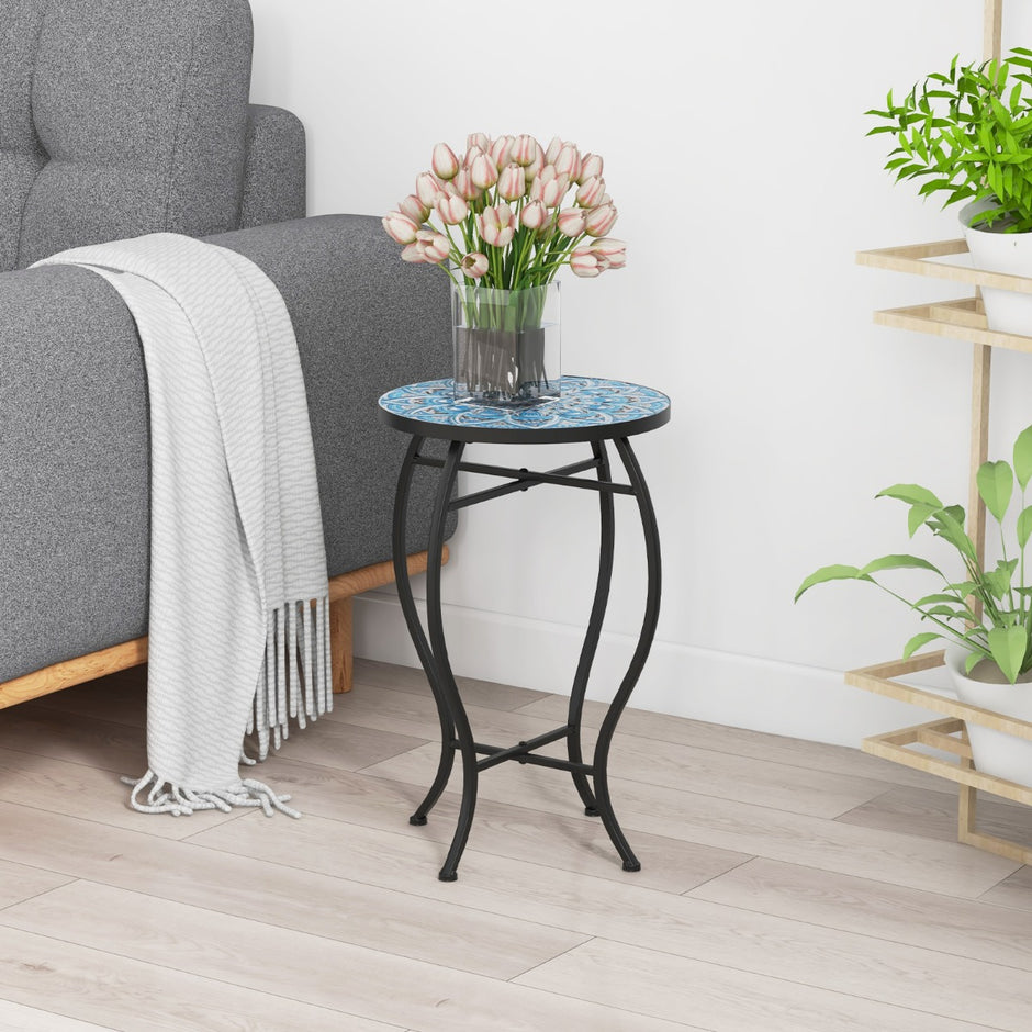 Sidobord – Mosaikbord Runt Mosaikträdgårdsbord Bistrobord och – 35 x 55 cm – Blå