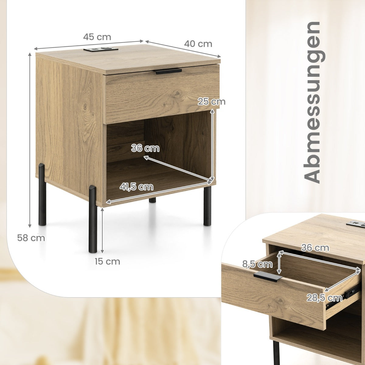 Modernt – sängbord med laddstation och låda sidobord öppet fack – Natur