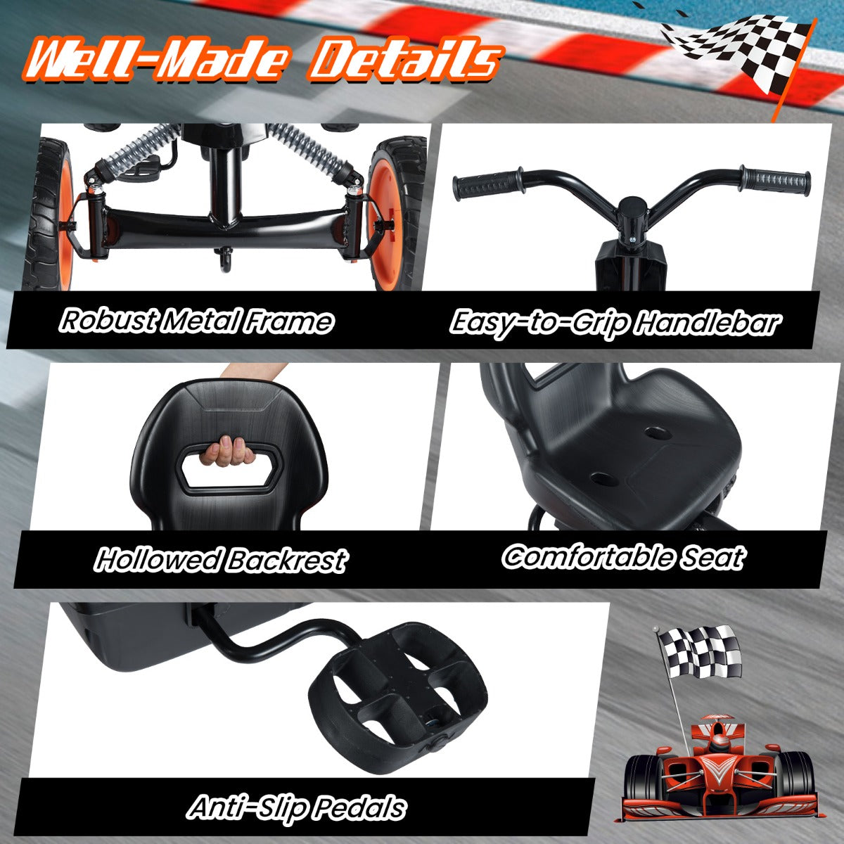 Barn – Gokart Med Justerbar Sittplats Pedal Framåt Bakåt Däck Utomhus För År – 3-8 – Svart