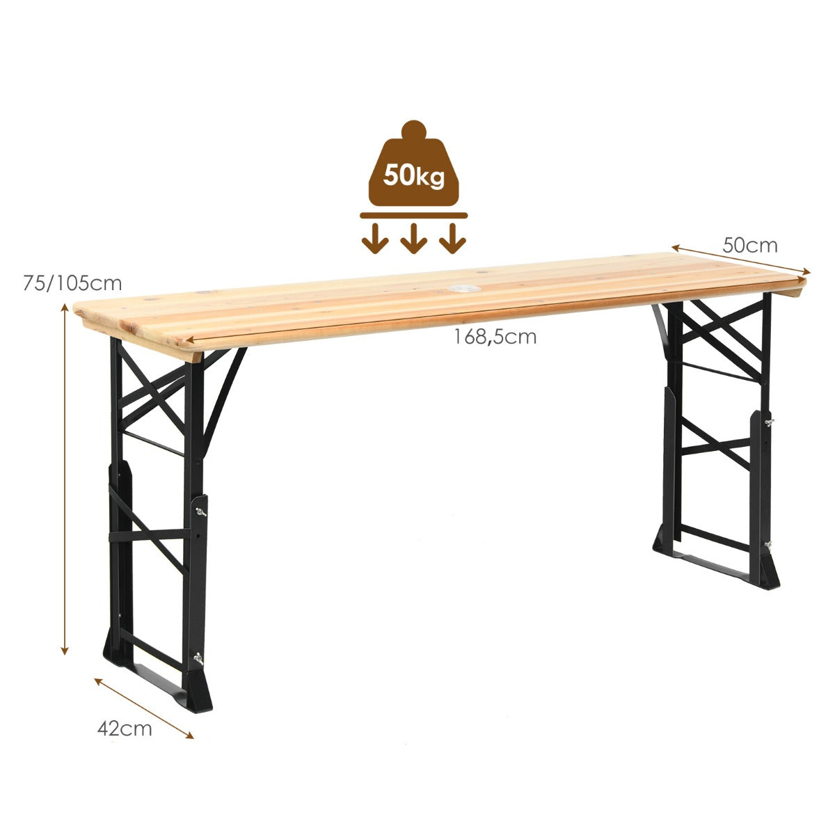 Öltältbord – höjdjusterbart fällbart ölbord med paraplyhål cm/105 cm – 168,5 x 50 x 75 – Natur