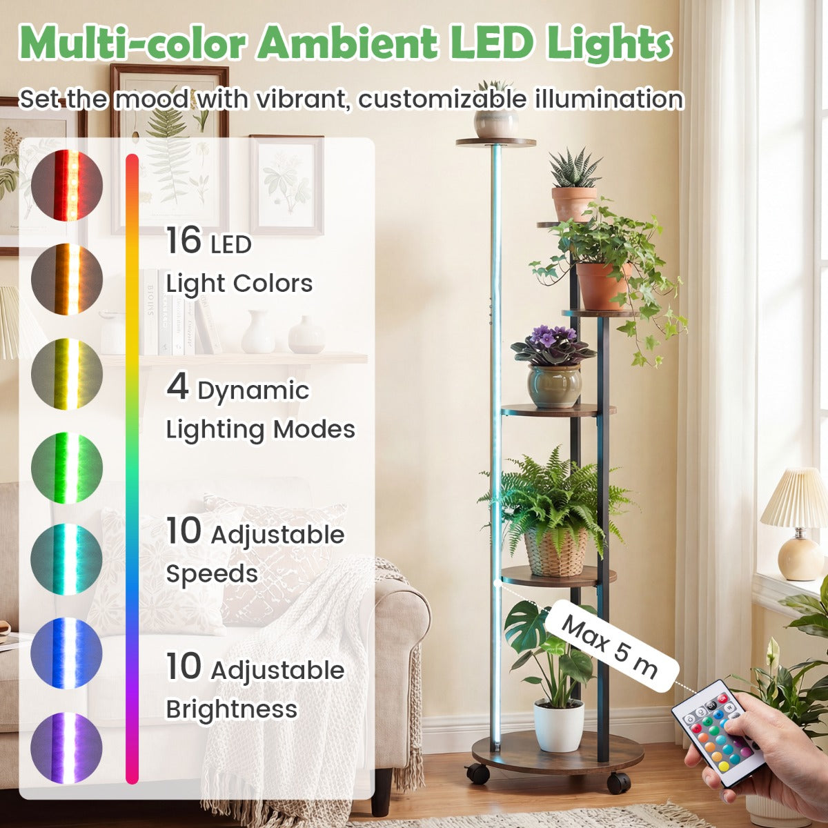 stegs – plantställ med LED belysning och hjul, blomsterställ planthylla Rustik – 6 / – Brun + svart