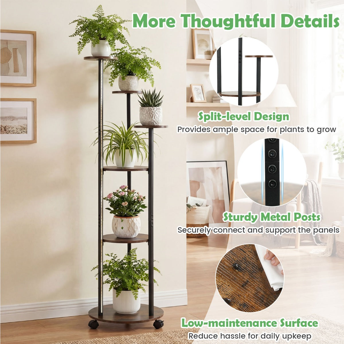 stegs – plantställ med LED belysning och hjul, blomsterställ planthylla Rustik – 6 / – Brun + svart