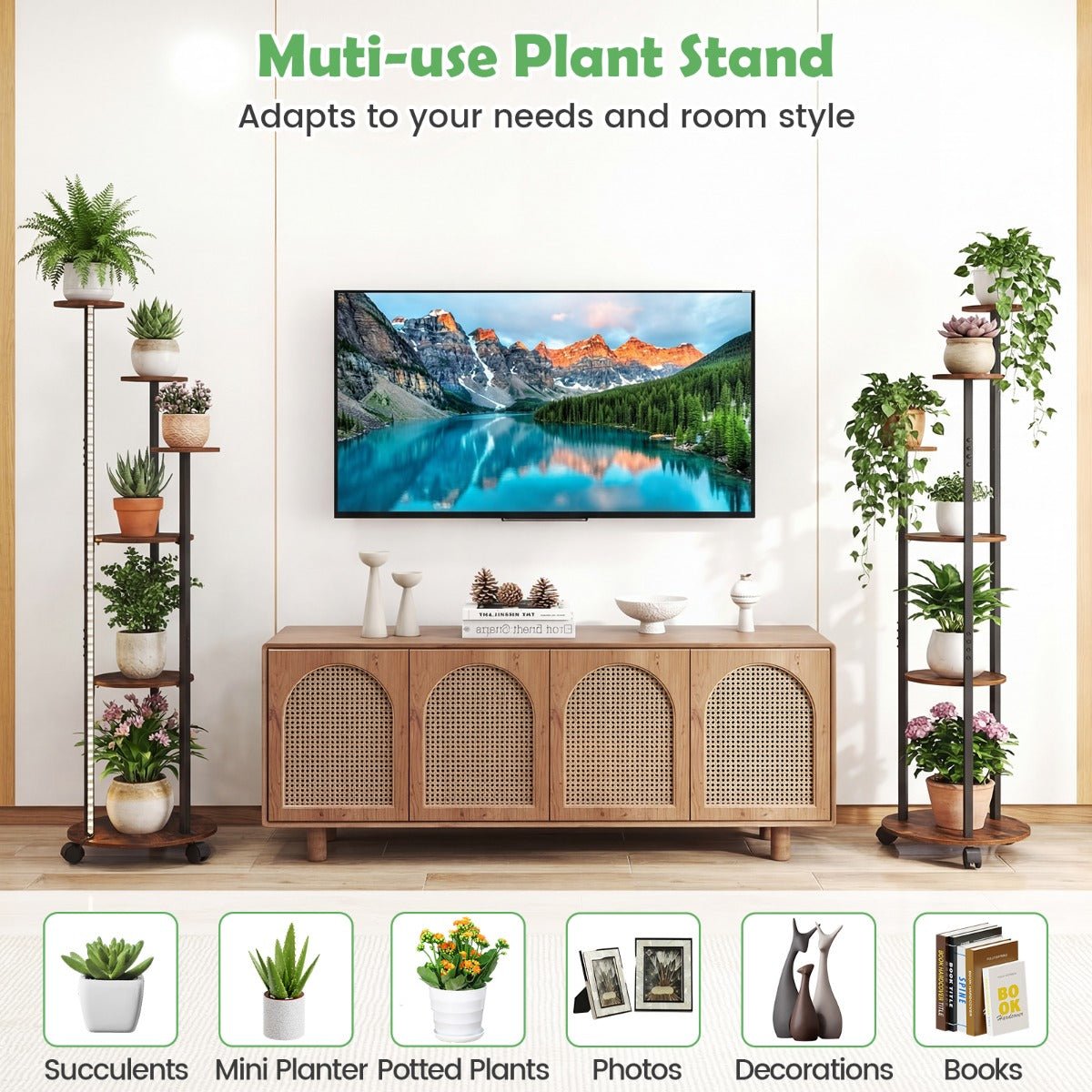 stegs – plantställ med LED belysning och hjul, blomsterställ planthylla Rustik – 6 / – Brun + svart