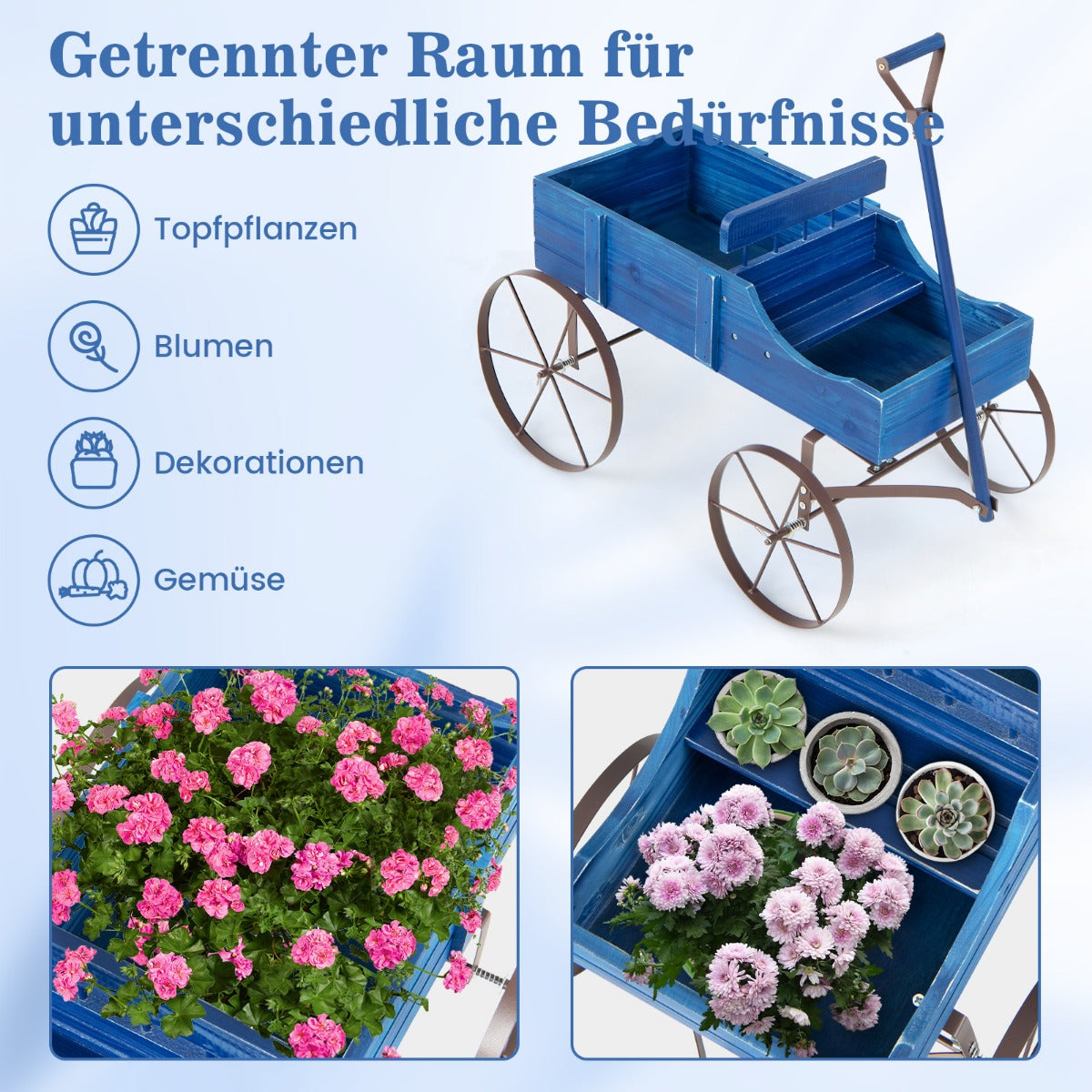 Blomstativ – Trävagn Växtvagn Blomstervagn med metallhjul – 62 x 34 x 60 cm – Blå