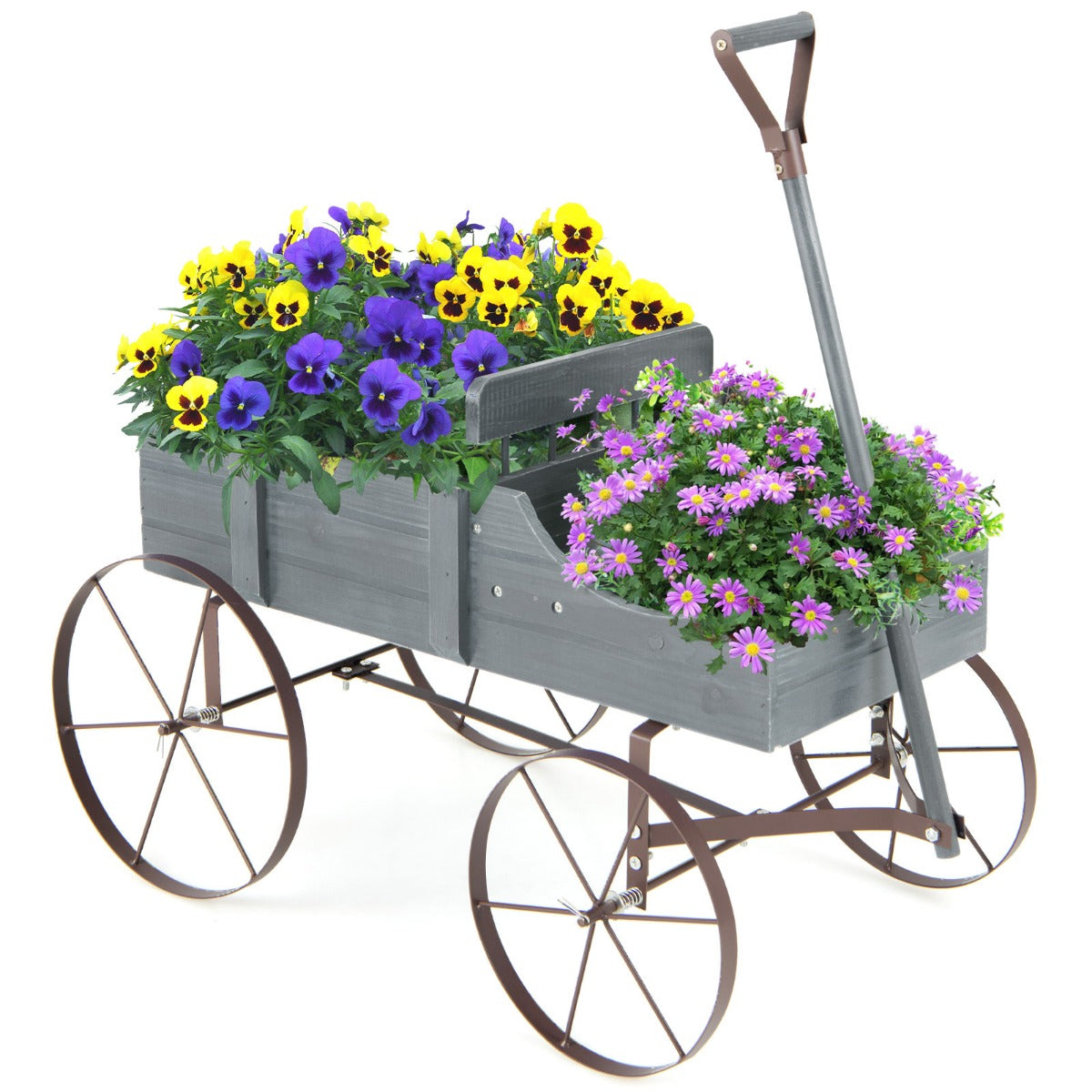 Blomsterställ – Trävagn Växtvagn Blomstervagn med metallhjul – 62 x 34 x 60 cm – Grå