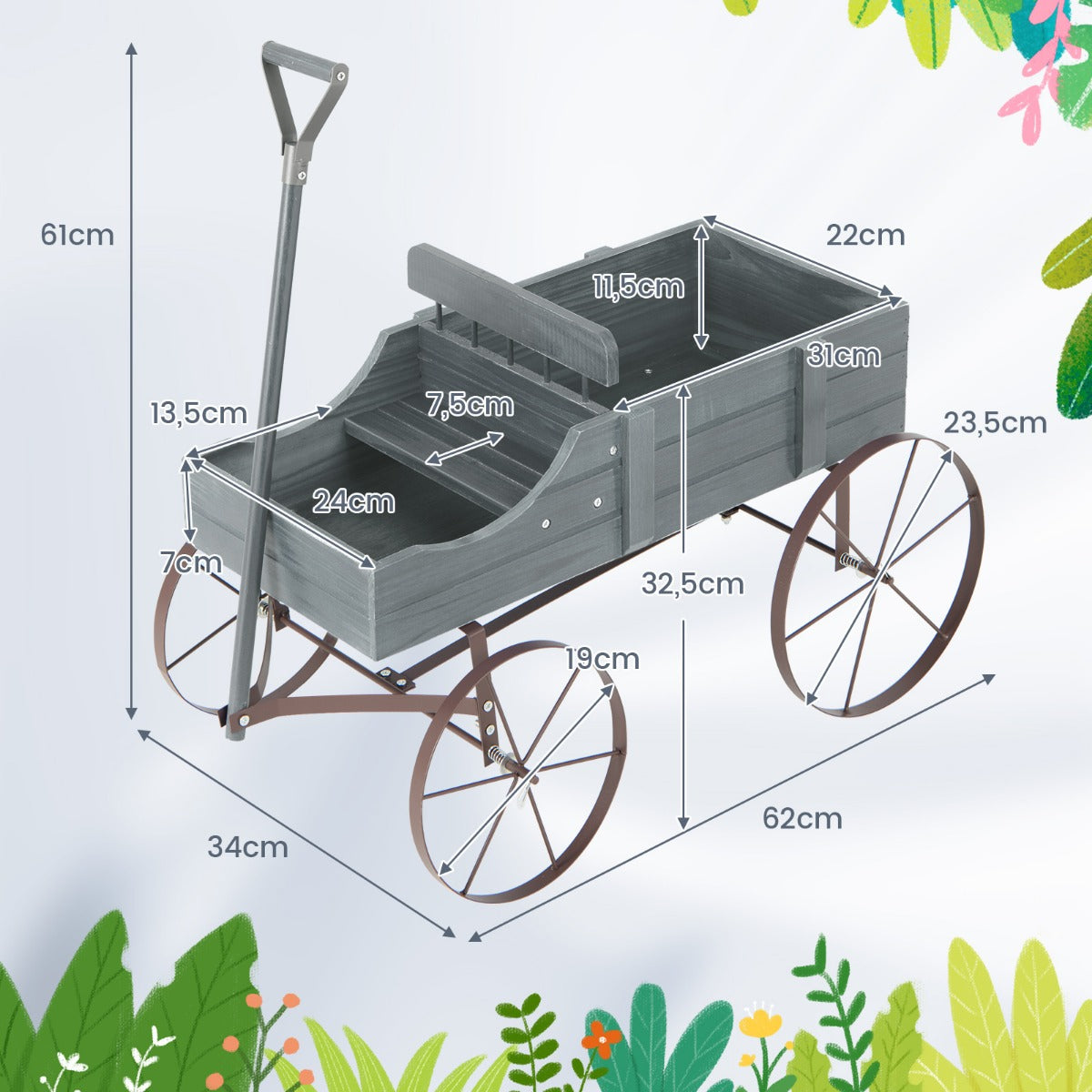 Blomsterställ – Trävagn Växtvagn Blomstervagn med metallhjul – 62 x 34 x 60 cm – Grå