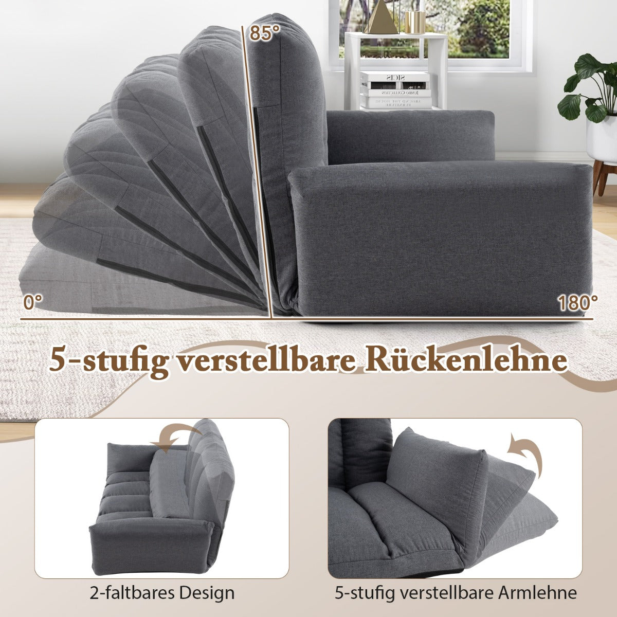 Golvsoffa – med vägs justerbart ryggstöd och armstöd Avkopplande stol för vardagsrum – 5 – Grå