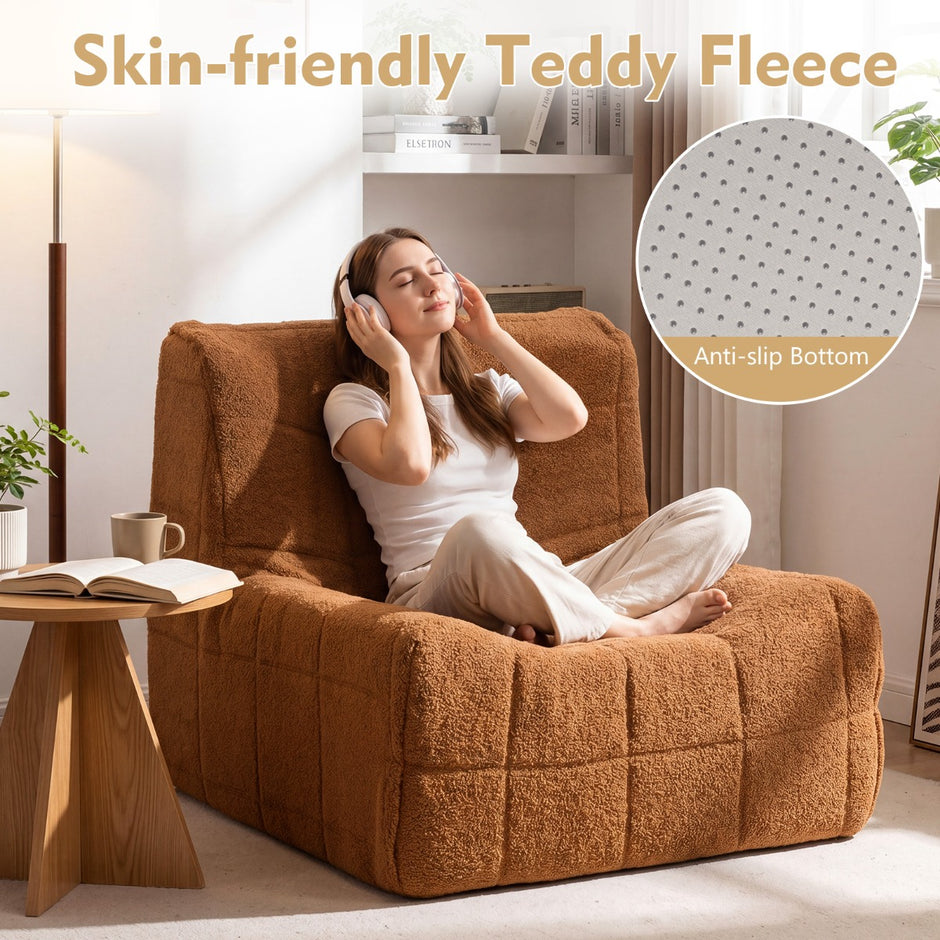 Bodensoffa – sittpuff med enskild skumgummi och teddyplushöverdrag prydnadsknappar – Brun
