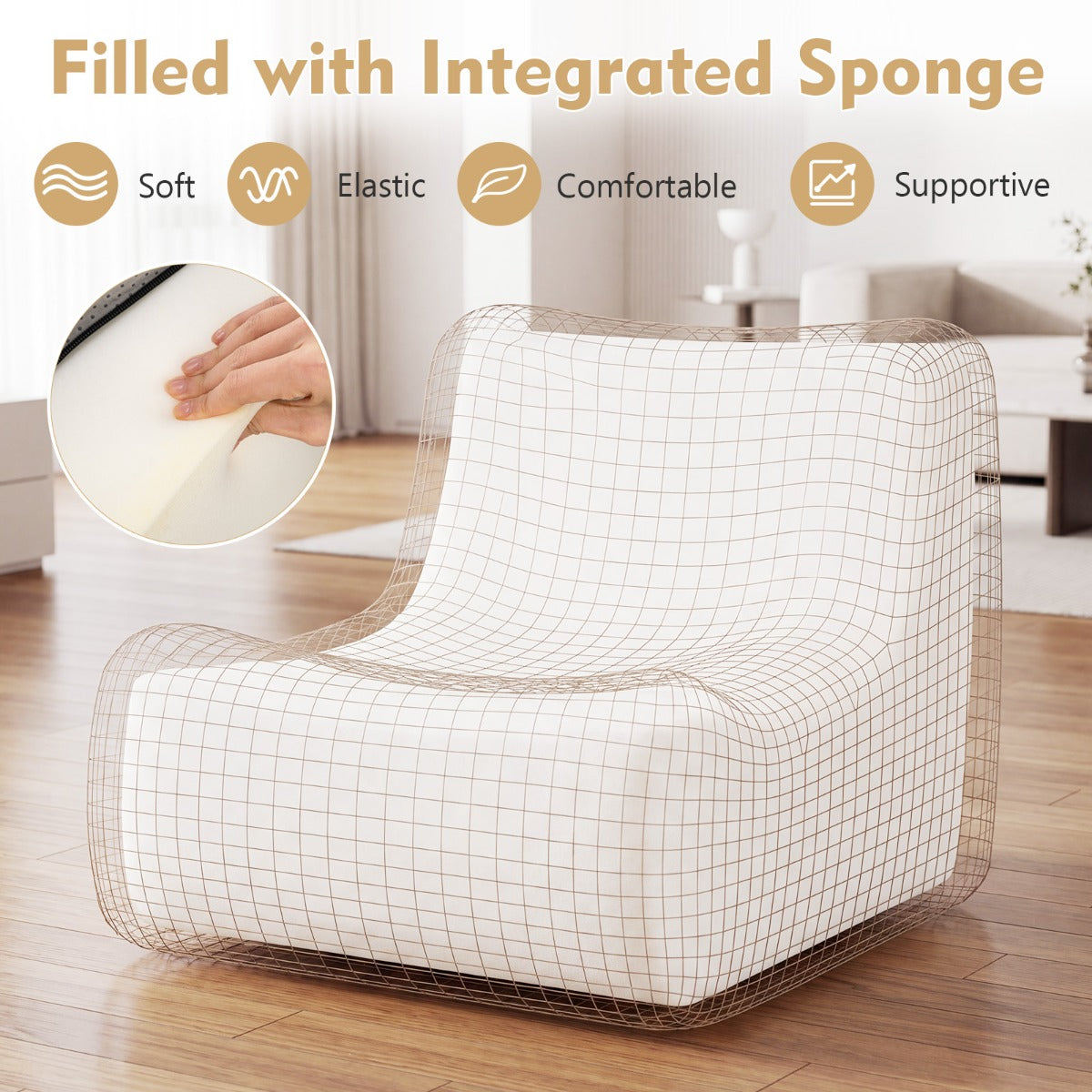 Bodensoffa – sittpuff med enskild skumgummi och teddyplushöverdrag prydnadsknappar – Brun
