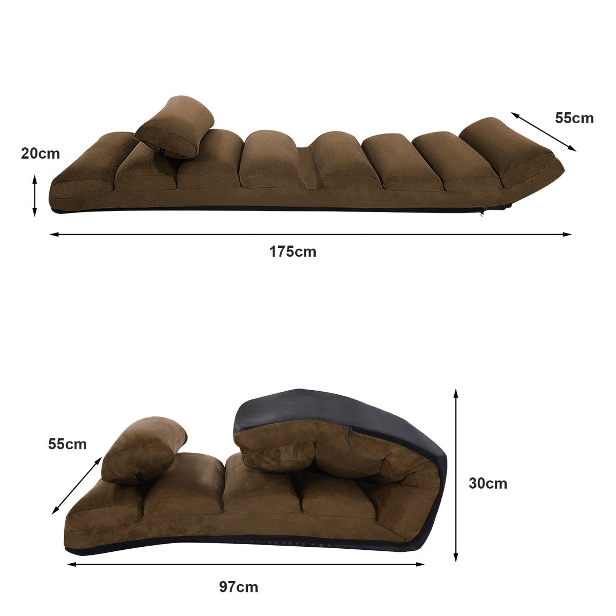 Golvstol – med ryggstöd, hopfällbar golvsäng – 175 x 55 x 20 cm – Brun