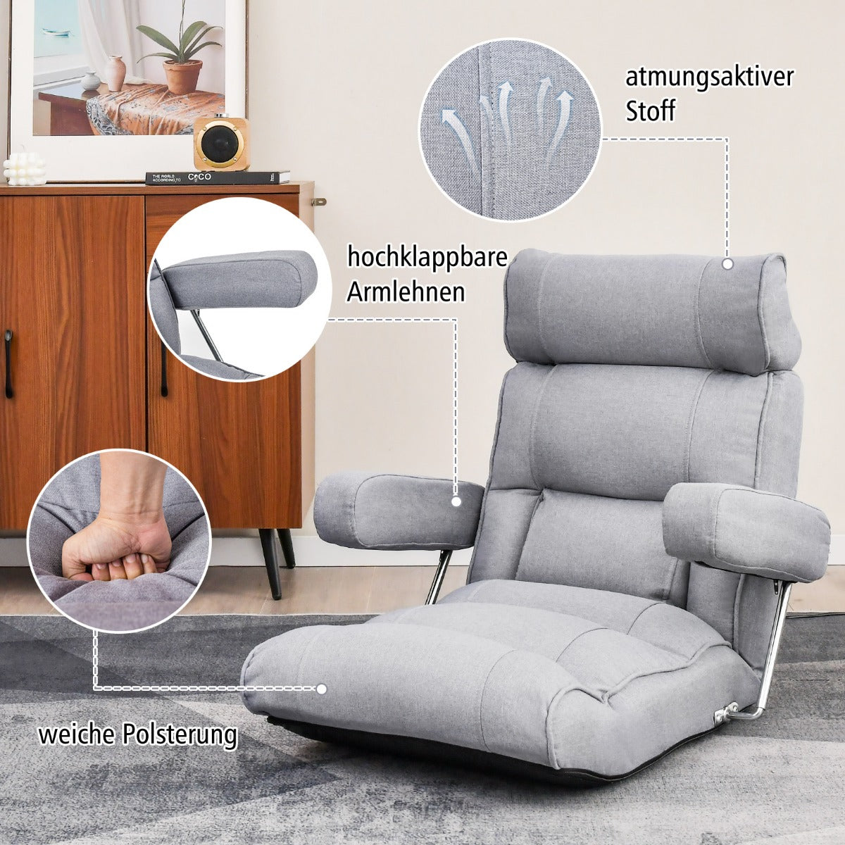 Golvstol – hopfällbar soffa med justerbart ryggstöd – 80 x 72 x 75 cm – Grå