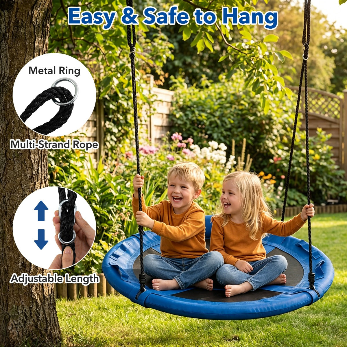 Boho – Gunga med Kudde och Handtag Barnschaukel Höjdjusterbart Rep – 100-180 cm Ø 100 cm – Blå