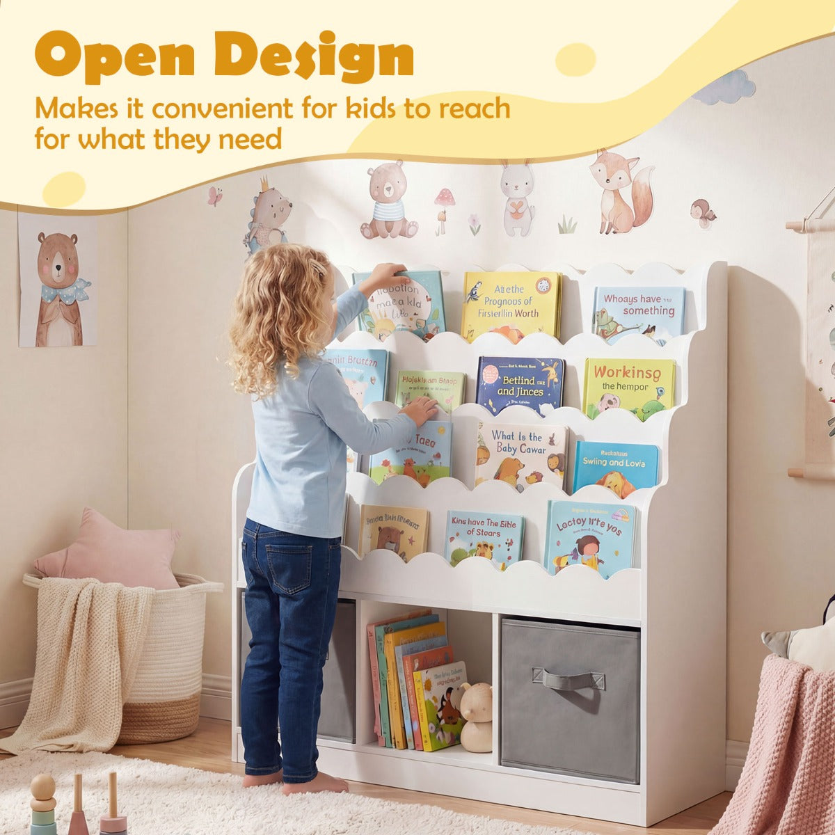 Barnbokhylla – med vågformad design, tyg lådor och hyllor fack montessori – 2 4 3 90 x 30 x 91,5 cm – Vit