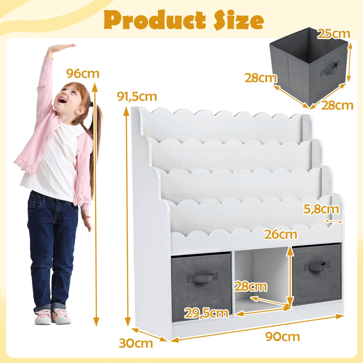 Barnbokhylla – med vågformad design, tyg lådor och hyllor fack montessori – 2 4 3 90 x 30 x 91,5 cm – Vit