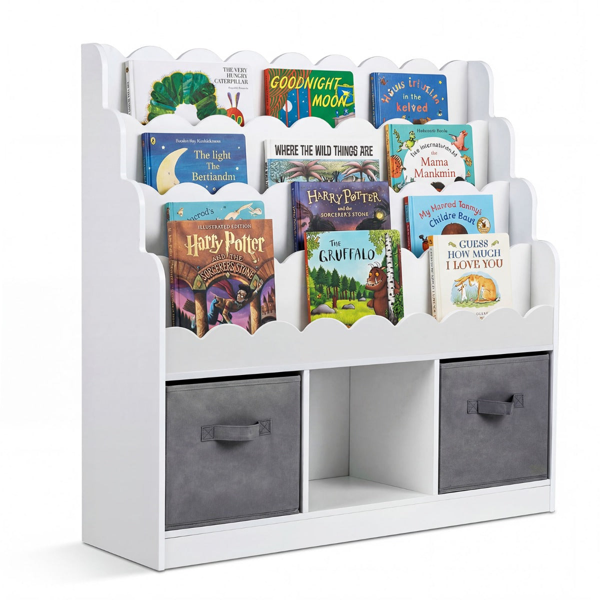 Barnbokhylla – med vågformad design, tyg lådor och hyllor fack montessori – 2 4 3 90 x 30 x 91,5 cm – Vit