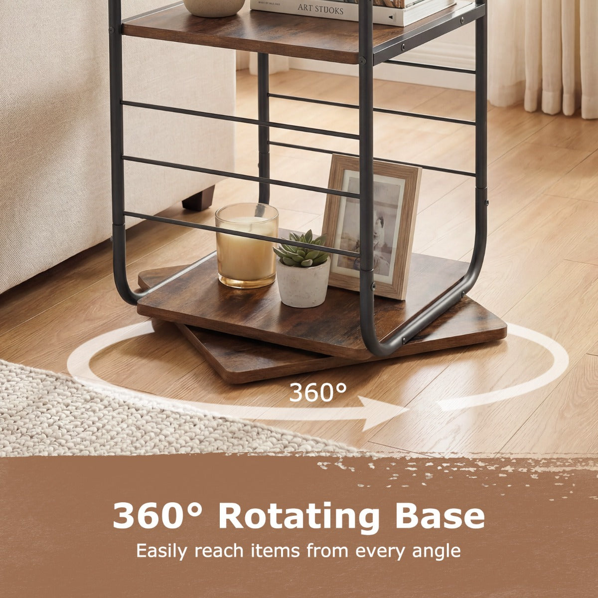 våningar – roterande bokhylla 360° roterbart boktorn med metallram Rustikalt brunt – 4 – Rustik brun