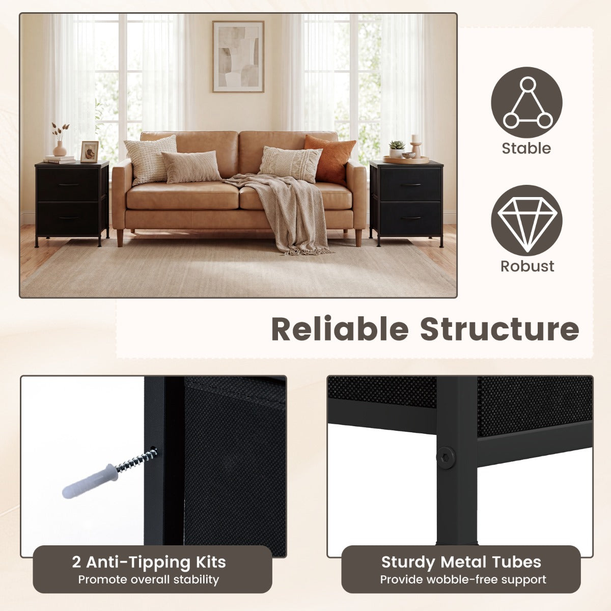 pack – nattduksbord, sidobord med tyglådor och metallram, modernt – 2 2 . – Svart