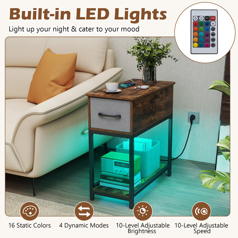 pack – smalt sidobord med laddstation och LED ljus Industriellt sängbord Rustikalt brunt – 2 – Rustik brun