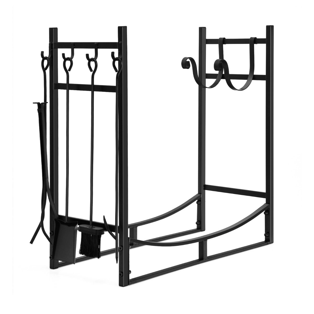 Robust – vedställ i metall och verktygsset vedhållare med spade – 76 x 33 x 76 cm – Svart