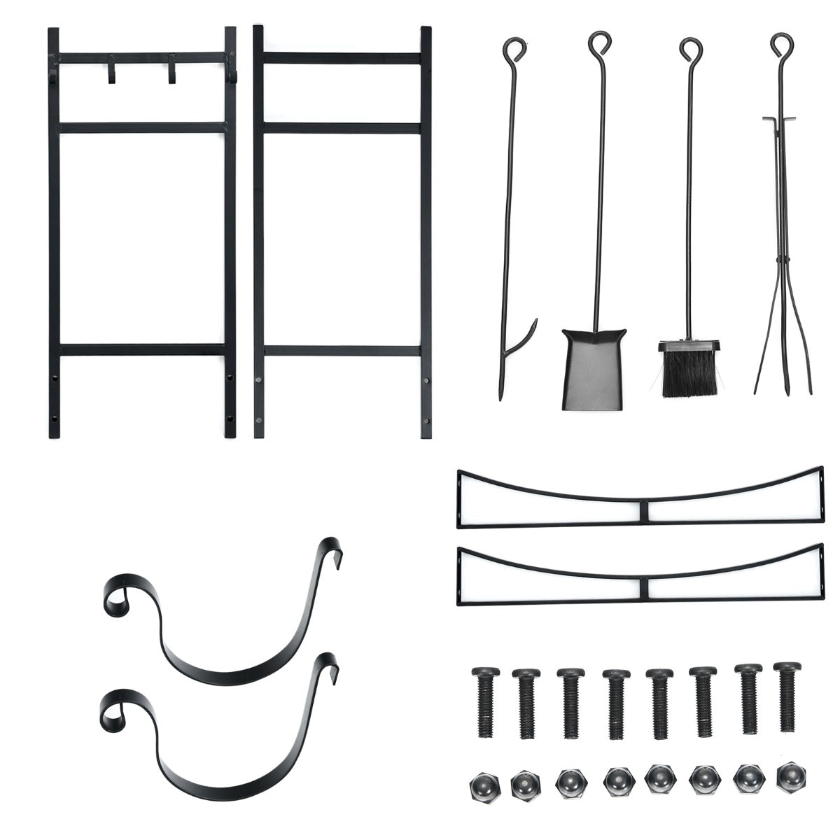 Robust – vedställ i metall och verktygsset vedhållare med spade – 76 x 33 x 76 cm – Svart