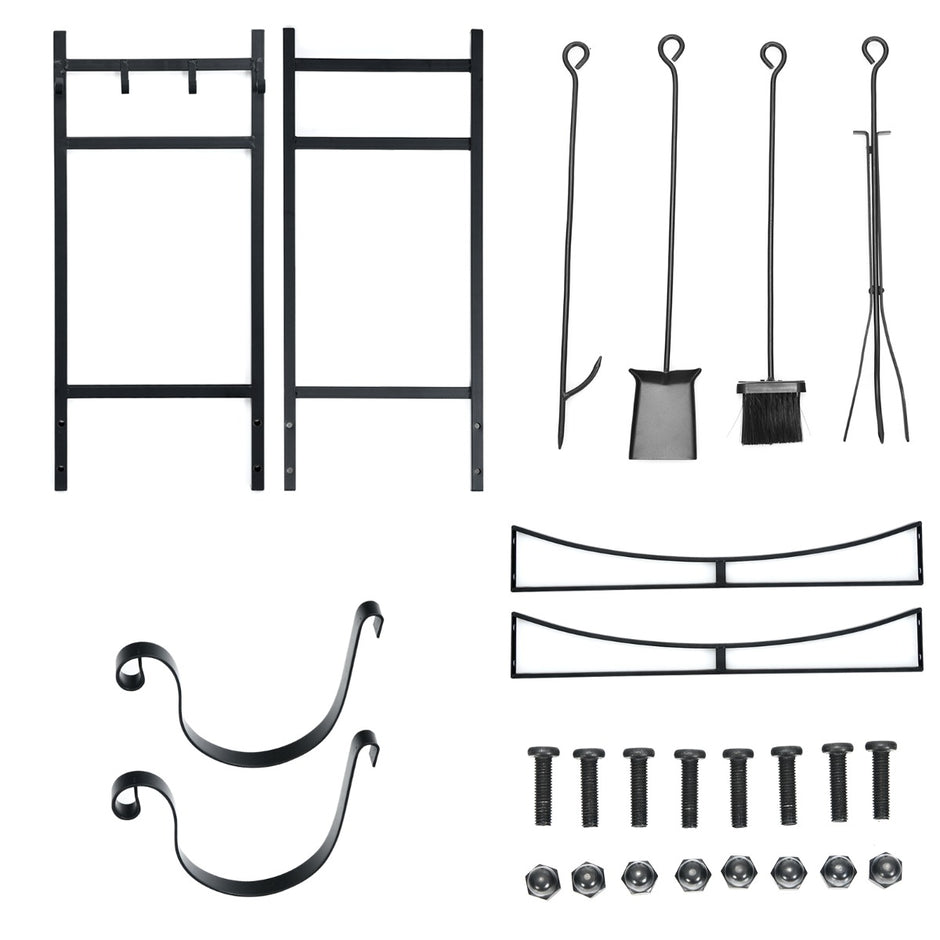 Robust – vedställ i metall och verktygsset vedhållare med spade – 76 x 33 x 76 cm – Svart