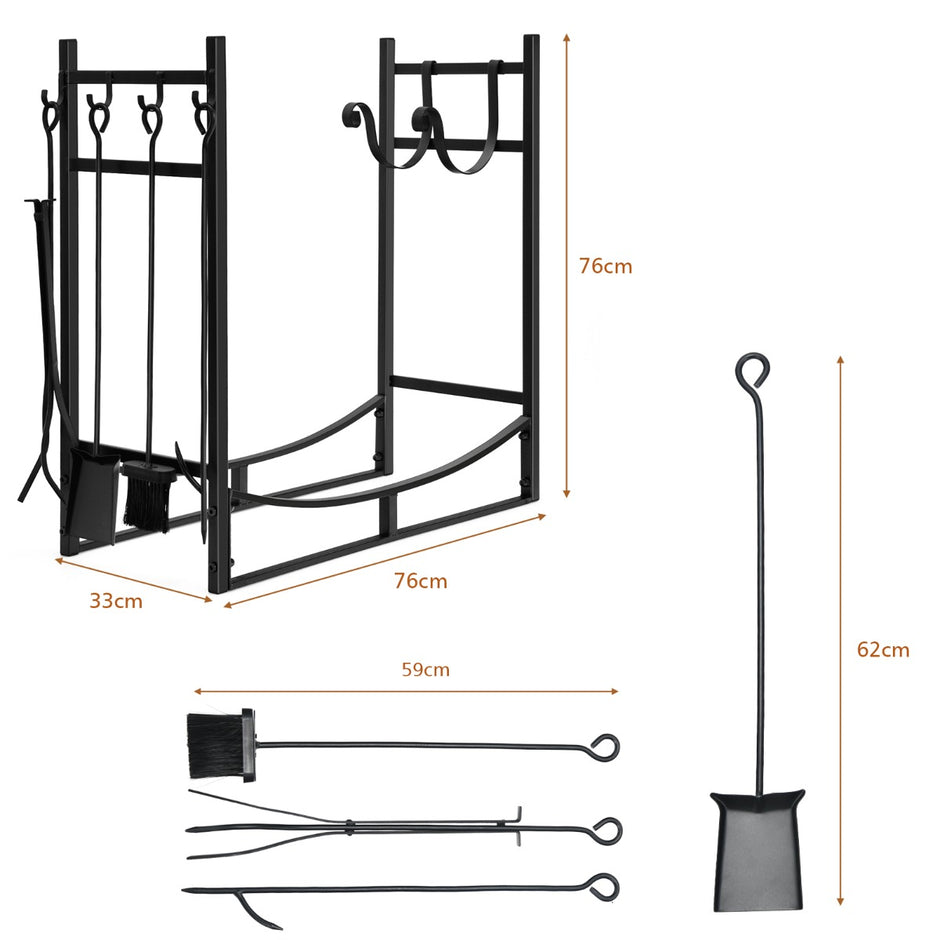 Robust – vedställ i metall och verktygsset vedhållare med spade – 76 x 33 x 76 cm – Svart