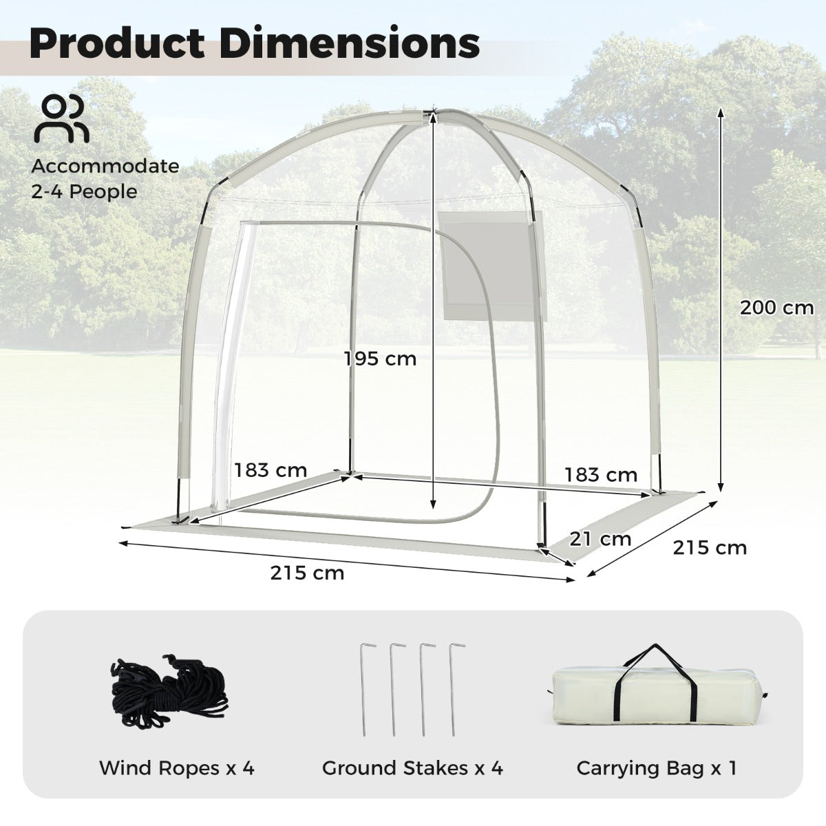 Transparent – Kupoltält Personer 540° Panorama Trädgård – 215 x 215 cm 2-4 – Trä