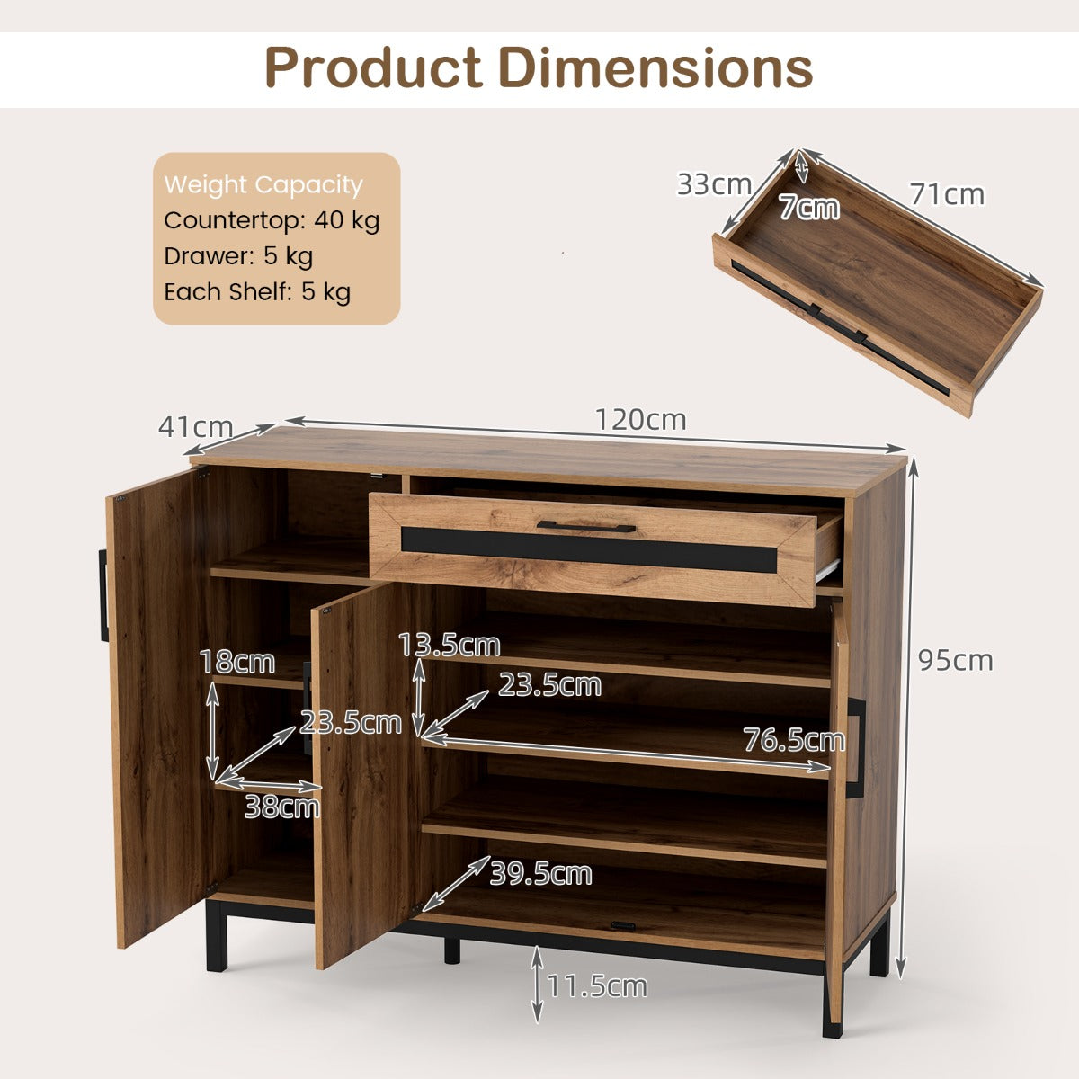 Buffet – Sideboard Sidobord Trästort lantliv Förvaringsskåp – 120 cm – Natur