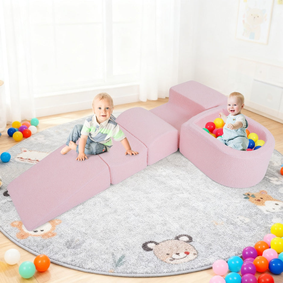 delat – skumgummibyggklossar för småbarn, mjuka med bollbad (utan bollar) och sherpaöverdrag, inomhus, – 5 . – Rosa