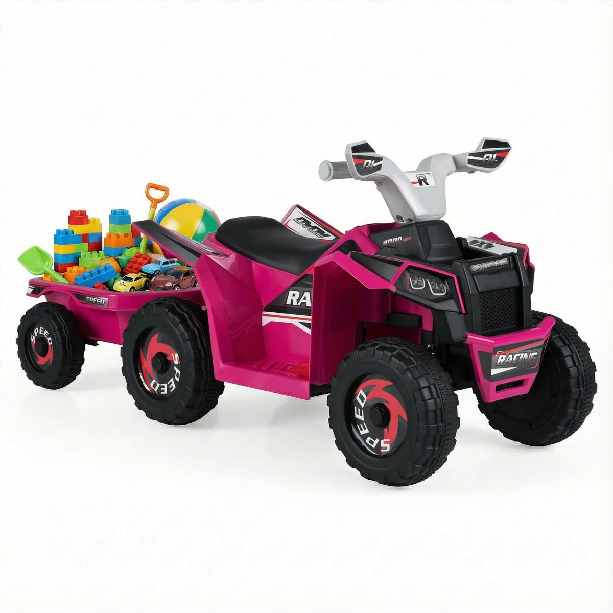 6V – Elektrisk ATV för barn med släpvagn Elfordon slitstarka hjul – Rosa
